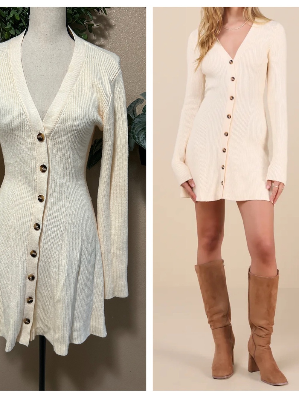 Adorably Flirty Ivory Button-Front Sweater Mini Dress